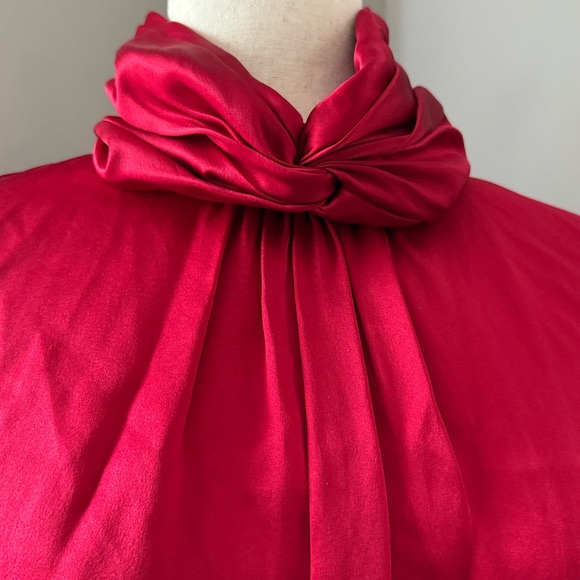 VTG Red Silk Satin Balloon Button Sleeve Blouse L - Picture 14 of 14